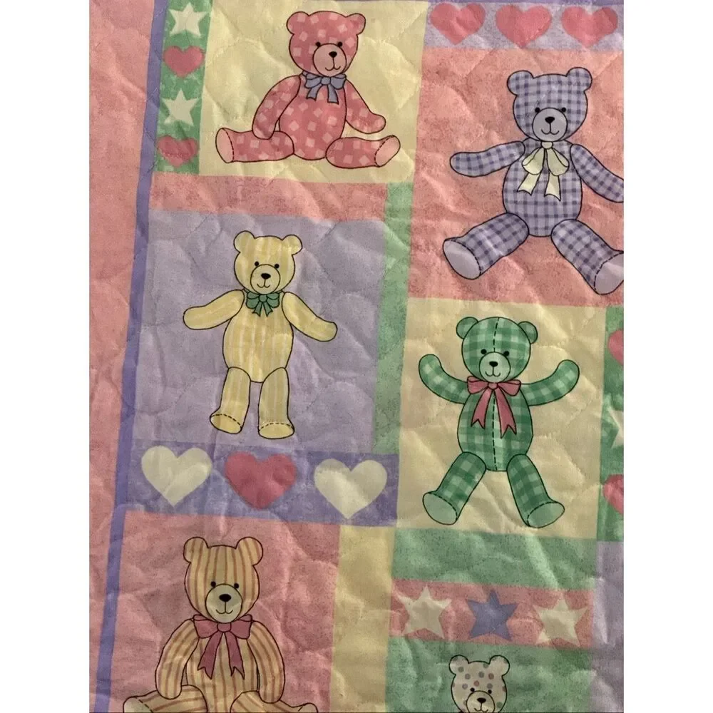 Teddy Bears Handmade Quilt Crib/Lap Hand Quilted 43 X 33 Teddy Bears satin edge